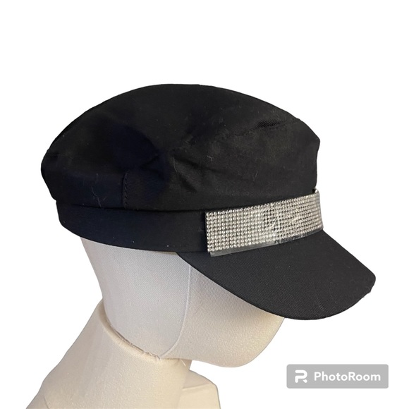 Bling Biker Hat Jeweled Buckle Black Cotton Pageboy Style - Picture 3 of 6